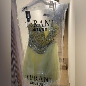 Terani Couture Lemon Gown with Silver Embellishments